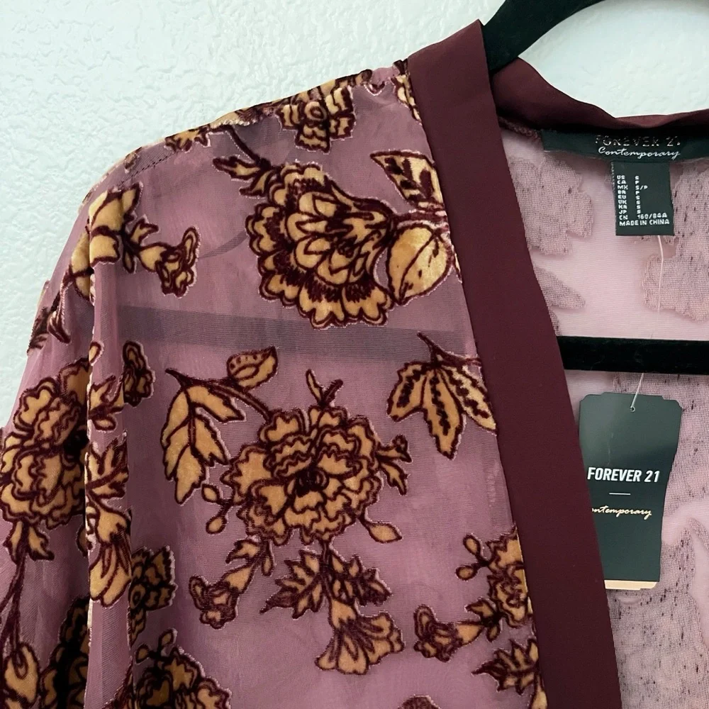 NWT - Sheer Floral Velvet and Chiffon Kimono | Wine, Gold | Women’s Small